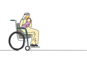 Single continuous line drawing parents with newborn baby. Arabian male hold baby, sitting in wheelchair. Disabled man holding baby in his arms. Family love concept. One line design vector illustration