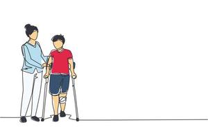 Continuous one line drawing rehabilitation center. Little boy patient learning to walk using crutches with help of doctor. Physiotherapy treatment of people with injury. Single line draw design vector