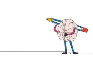 Continuous one line drawing brainy student human brain character with carrying pencil on shoulder. Storytelling logo, writer icon. Training of writing skills concept. Single line draw design vector