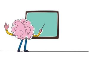 Continuous one line drawing smart brain mascot cartoon character teaching class in front of the blackboard in the classroom. Education theme. Single line draw design vector graphic illustration
