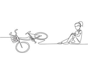 Single one line drawing little girl hurt fallen off the bicycle. Broken bicycle. Kids fallen from bike unhappy children. Bike accident. Modern continuous line draw design graphic vector illustration