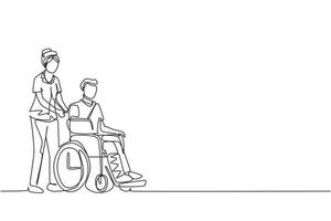 Continuous one line drawing disabled male with broken hand, leg riding wheelchair with nurse assistance. Man patient in traumatology hospital. Disability. Single line draw design vector illustration