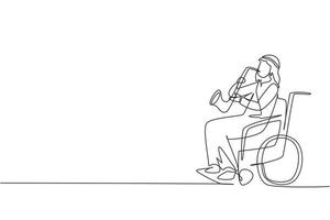 Single one line drawing Arab man sitting in wheelchair plays saxophone. Disability, classical music. Physically disabled. Rehabilitation center. Continuous line draw design graphic vector illustration