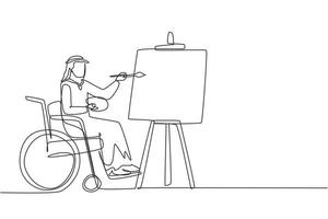 dibujo de una sola línea hombre árabe discapacitado en silla de ruedas pintando paisaje sobre lienzo. concepto de fisioterapia de rehabilitación. discapacidad física. ilustración de vector gráfico de diseño de dibujo de línea continua