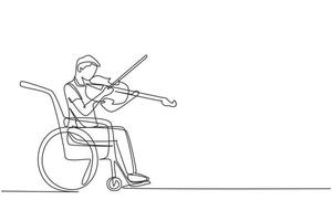 Single continuous line drawing disability and music. Man in wheelchair plays violin. Physically disabled, injured. Person in hospital. Rehabilitation center patient. One line draw design vector