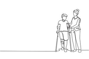 Continuous one line drawing rehabilitation center. Little boy patient learning to walk using crutches with help of doctor. Physiotherapy treatment of people with injury. Single line draw design vector