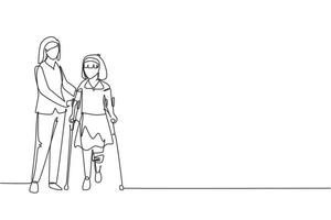 Single continuous line drawing little girl patient learn walking using crutches with help of doctor physiotherapist. Physiotherapy treatment of people injury, disability. One line draw design vector