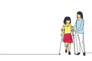 Single continuous line drawing little girl patient learn walking using crutches with help of doctor physiotherapist. Physiotherapy treatment of people injury, disability. One line draw design vector