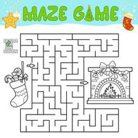 Christmas Maze puzzle game for children. Outline maze or labyrinth game with christmas Sock and fireplace. vector
