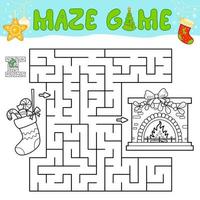 Christmas Maze puzzle game for children. Outline maze or labyrinth game with christmas Sock and fireplace. vector