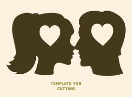 Template for laser cutting, wood carving, paper cut. Silhouettes for cutting. Woman and Man head with heart vector stencil.