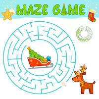 Christmas maze puzzle game for children. Circle maze or labyrinth game with Christmas sleigh and reindeer. vector