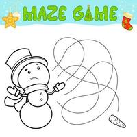 Christmas Maze puzzle game for children. Outline maze or labyrinth. Find path game with christmas Snowman. vector