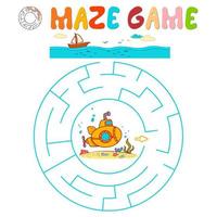 Maze puzzle game for children. Circle maze or labyrinth game with submarine. vector