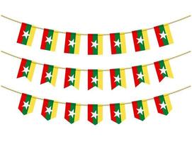 Myanmar flag on the ropes on white background. Set of Patriotic bunting flags. Bunting decoration of Myanmar flag vector