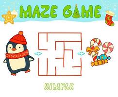 Christmas Maze puzzle game for children. Simple Maze or labyrinth game with Christmas penguin. vector