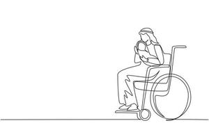 Single continuous line drawing parents with newborn baby. Arabian male hold baby, sitting in wheelchair. Disabled man holding baby in his arms. Family love concept. One line design vector illustration