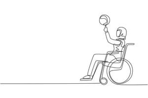 Continuous one line drawing Arab girl in wheelchair plays basketball. Disabled person spins basketball on her finger. Exercise for people with disabilities. Single line draw design vector illustration