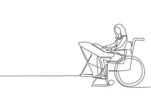 Single continuous line drawing beautiful female sit wheelchair playing electric keyboard, sing song. Physically disabled. Rehabilitation center patient. One line draw design vector illustration