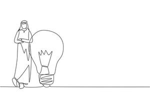 Single continuous line drawing Arab businessman leaning on giant lightbulb, business idea. Business people ideas leaning against the lamp symbol is good idea. One line draw design vector illustration