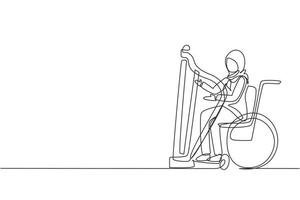 Single continuous line drawing Arab woman sitting in wheelchair plays harp in concert. Disability and classical music. Physically disabled. Rehabilitation center. One line draw graphic design vector