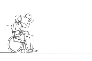 Single one line drawing young Arab woman in wheelchair hold golden cup trophy winner podium. Disabled person. Tournament game competition, sport training. Continuous line draw design vector