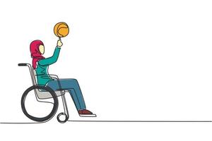 Continuous one line drawing Arab girl in wheelchair plays basketball. Disabled person spins basketball on her finger. Exercise for people with disabilities. Single line draw design vector illustration