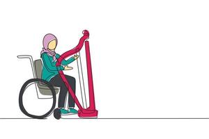 Single continuous line drawing Arab woman sitting in wheelchair plays harp in concert. Disability and classical music. Physically disabled. Rehabilitation center. One line draw graphic design vector