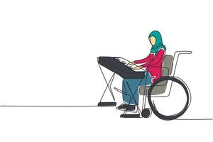 una sola línea dibujando una mujer árabe sentada en silla de ruedas tocando un teclado eléctrico, cantando una canción. Físicamente desarmado. paciente del centro de rehabilitación. ilustración de vector gráfico de diseño de dibujo de línea continua