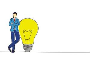 Continuous one line drawing businessman leaning on giant lightbulb, business idea. Business people have ideas leaning against the lamp symbol is good idea. Single line draw design vector illustration