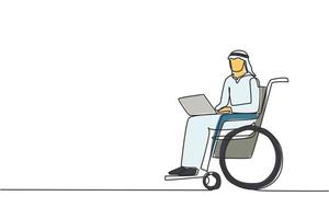 Single continuous line drawing disabled Arab man working on laptop. Wheelchair, idea, computer. Freelance, disability. Online job, startup. Physical disability and society one line draw design vector