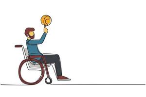 Single continuous line drawing Arab guy in wheelchair plays basketball. Disabled person spins basketball on his finger. Exercise for people with disabilities. One line draw design vector illustration