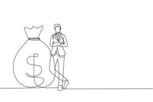 Continuous one line drawing happy businessman in suit standing near big heavy bag with dollar sign. Male leaning on money sack. Success concept. Single line draw design vector graphic illustration