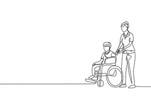 Single one line drawing disabled boy with broken hand, leg riding wheelchair with nurse assistance. Kids patient in traumatology hospital. Disability. Continuous line draw design vector illustration