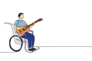 Single one line drawing musician man sit wheelchair with acoustic guitar play music, sing song. Physically disabled. Rehabilitation center patient. Continuous line draw design vector illustration