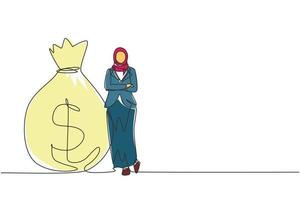 Single continuous line drawing Arabian businesswoman in hijab standing near big heavy bag with dollar sign. Female leaning on money sack. Successful concept. One line draw design vector illustration