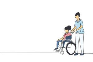 Single continuous line drawing paramedic help disabled little girl in wheelchair in transportation. Spend time together with fun, equal opportunities. Volunteer assistance. One line draw design vector