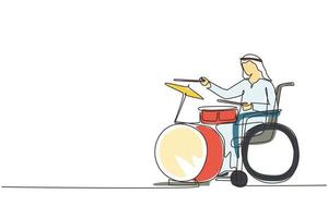 Continuous one line drawing disabled Arabian man in wheelchair playing drum. Physically disabled. Person in hospital. Rehabilitation center patient. Single line draw design vector graphic illustration