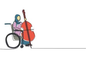 una mujer árabe dibujando una sola línea sentada en silla de ruedas toca violonchelo en concierto. discapacidad y música clásica. Físicamente desarmado. paciente del centro de rehabilitación. vector de diseño de dibujo de línea continua