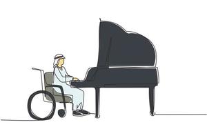 dibujo de una sola línea hombre árabe discapacitado en silla de ruedas tocando piano en concierto. discapacidad y música clásica. Físicamente desarmado. paciente del centro de rehabilitación. vector de diseño de dibujo de línea continua