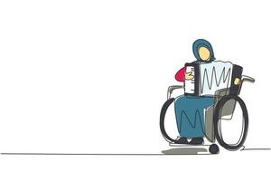dibujo de una sola línea continua mujer árabe discapacitada en silla de ruedas tocando música de acordeón. Físicamente desarmado. persona en el hospital. paciente del centro de rehabilitación. vector de diseño gráfico de dibujo de una línea