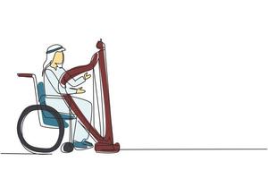 dibujo continuo de una línea joven árabe sentado en silla de ruedas toca arpa en concierto. discapacidad y música clásica. Físicamente desarmado. persona en el hospital. gráfico vectorial de diseño de dibujo de una sola línea vector