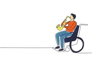 Continuous one line drawing man sitting in wheelchair plays saxophone. Disability, classical music. Physically disabled, broken leg. Rehabilitation center. Single line draw design vector illustration