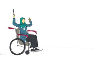 Continuous one line drawing young Arabian woman conductor sitting in wheelchair leading orchestra. Disability, classical music. Physically disabled. Single line draw design vector graphic illustration