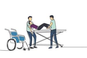 Single one line drawing unconscious man patient in emergency room. Nurse, wearing white coat with wheelchair. Nurse boys, putting down young male on gurney. Continuous line draw design graphic vector