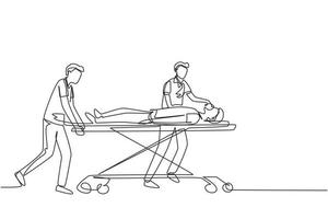 Continuous one line drawing medical team resuscitates affected person. Doctors take patient to gurney. Man has difficulty breathing. Health care and aid. Single line draw design vector illustration