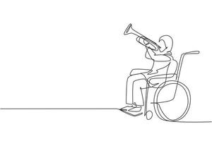 Single continuous line drawing Arabian female in wheelchair playing trumpet during music lesson. Physically disabled. Person in hospital. Rehabilitation center patient. One line draw design vector