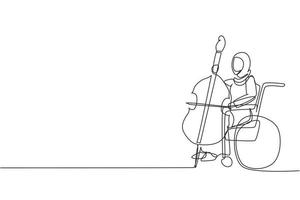 Single one line drawing Arab woman sitting in wheelchair plays cello in concert. Disability and classical music. Physically disabled. Rehabilitation center patient. Continuous line draw design vector