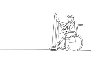 Continuous one line drawing young Arab man sitting in wheelchair plays harp in concert. Disability and classical music. Physically disabled. Person in hospital. Single line draw design vector graphic