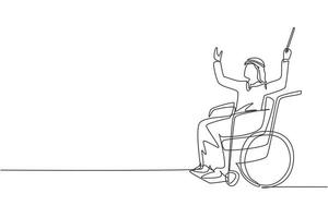Continuous one line drawing young Arab man conductor sitting in wheelchair leading orchestra. Disability and classical music. Physically disabled. Single line draw design vector graphic illustration